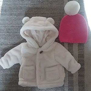 Baby Gap Fuzzy Hooded Coat and Pink Knitted Hat